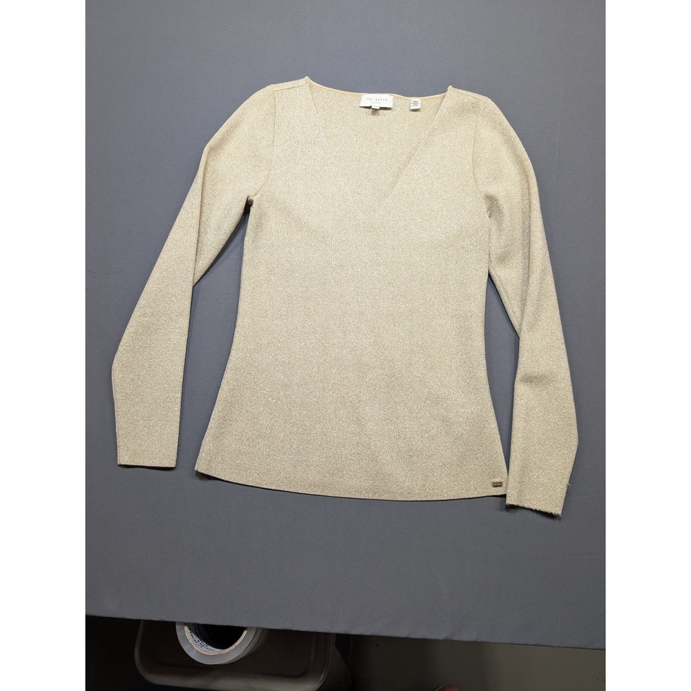 Ted Baker London Women's Gold Metallic V-Neck Sweater Size 3 (M)